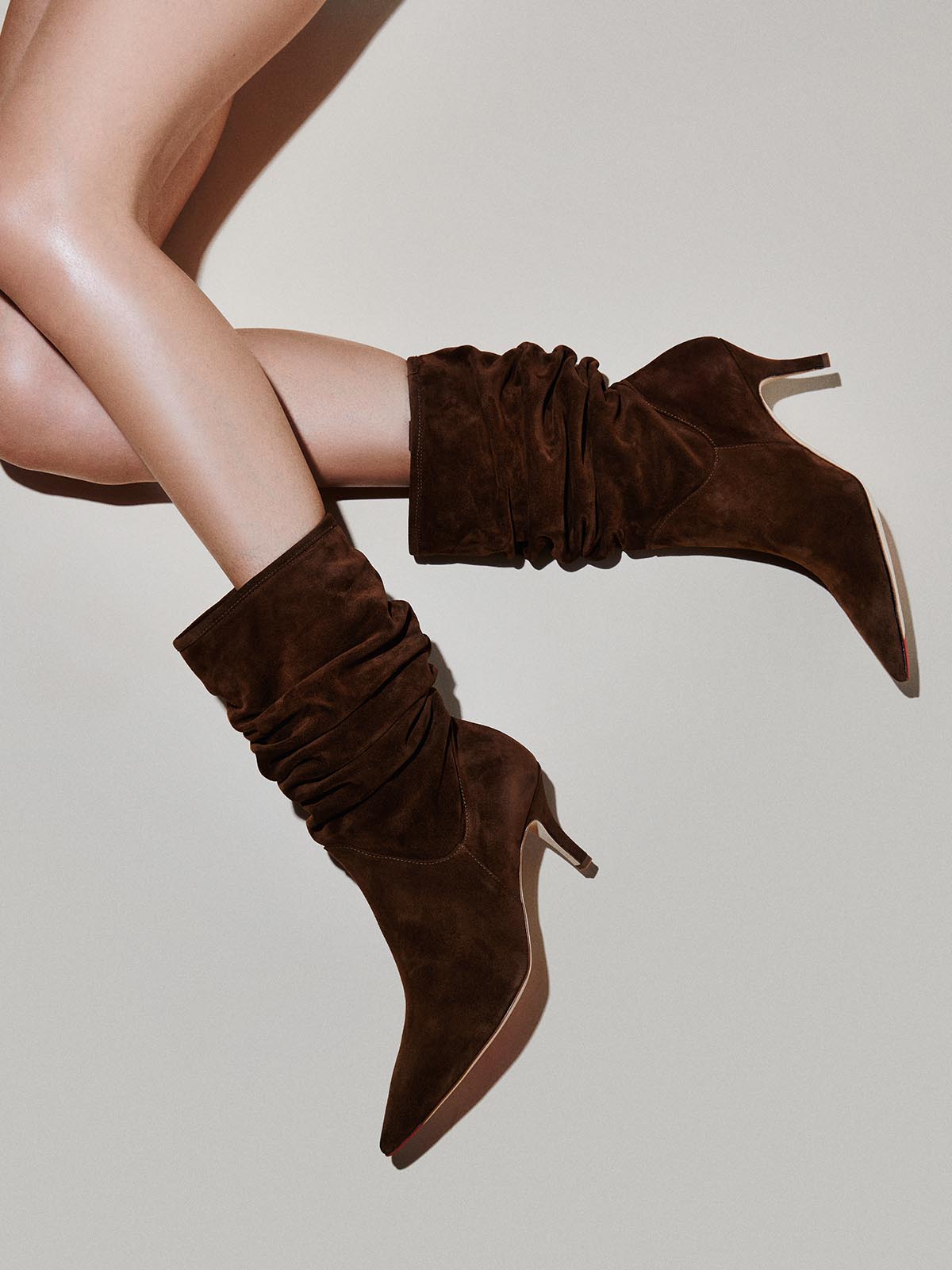 Vivian Designer Italian Suede Leather Slouchy Pump Heeled Boots Chestnut Brown Made in Italy by Mavette